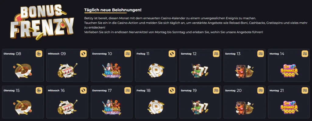Casino Bonus Kalener im Betizy Casino