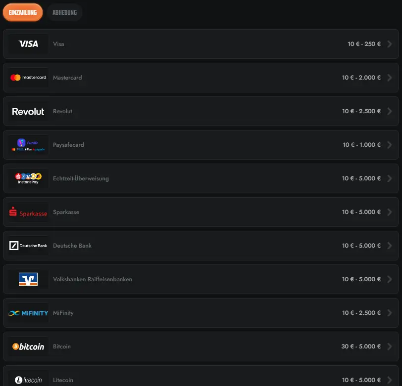 Einzahlungsmethoden im Gransino Online Casino