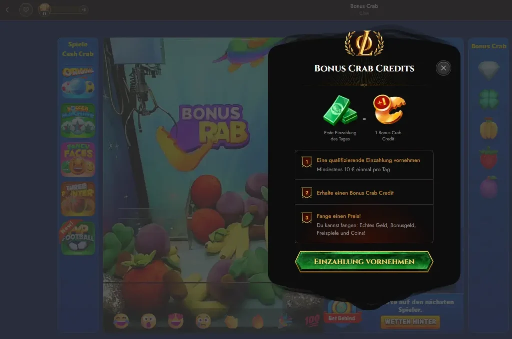 Bonus Crab Spiel im Legiano Online Casino